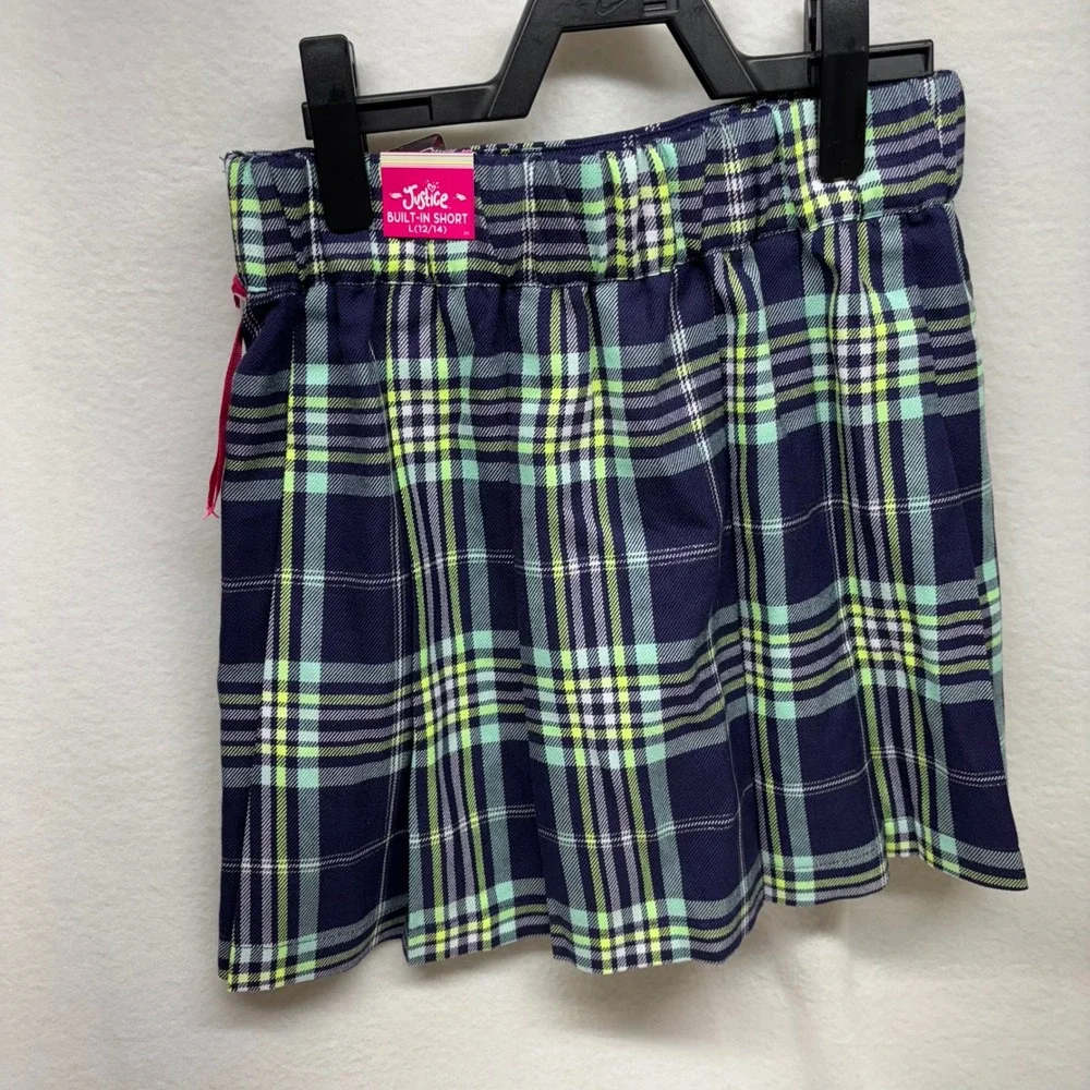Justice Plaid Pleated Skirt Built-In Shorts Kids L 12 14 Girls Navy Green Yellow
